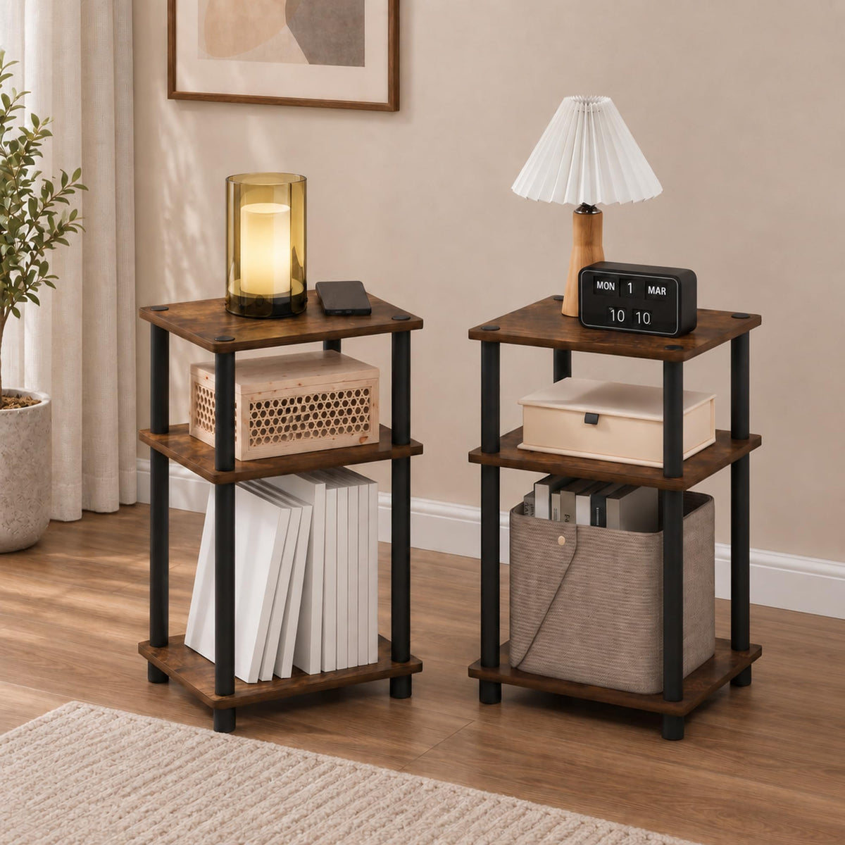 JUST Set of 2 3-Tier Night Stand with Door Cabinet, French Oak