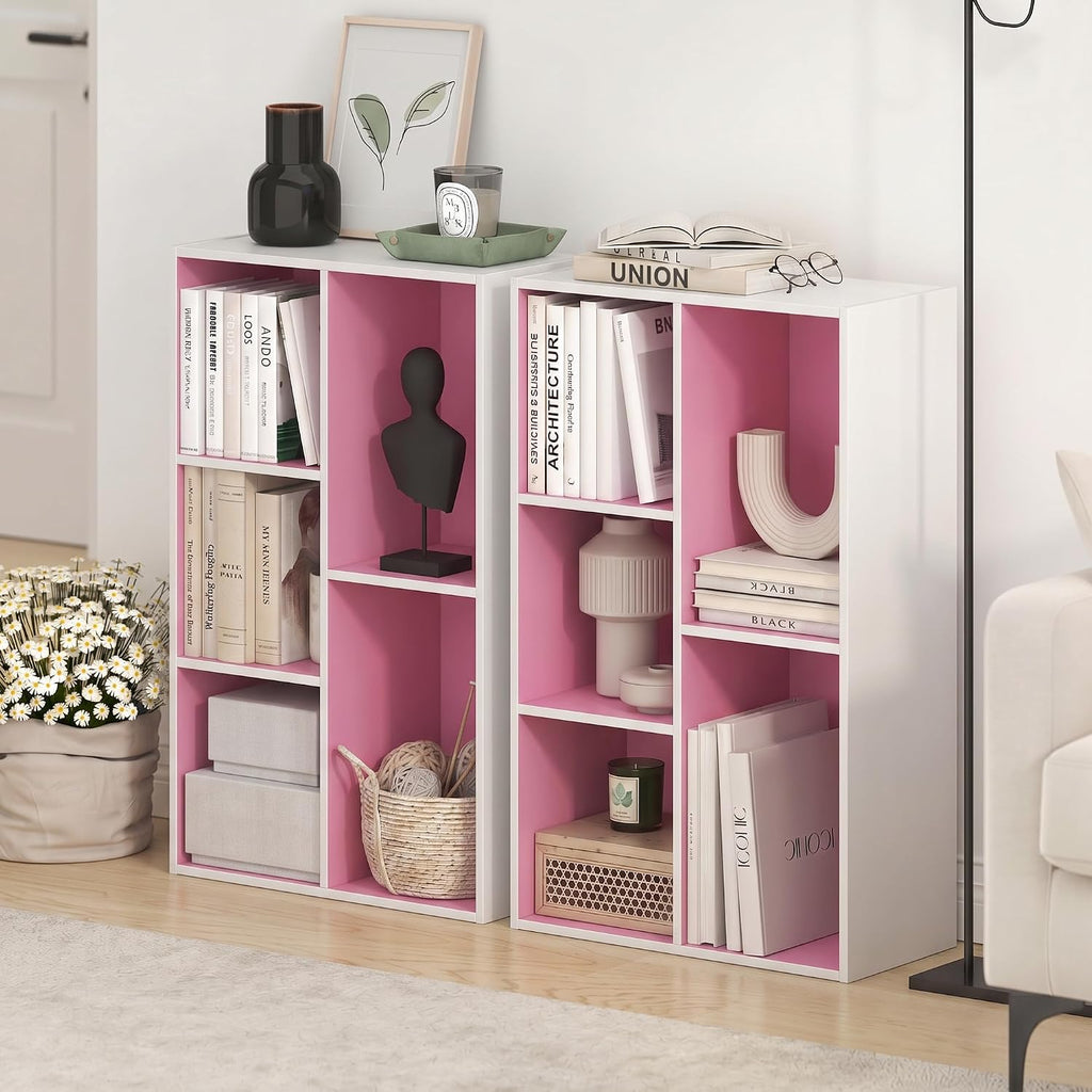 LUDER Set of 2 Book Shelf, 5-Cube, White/Pink