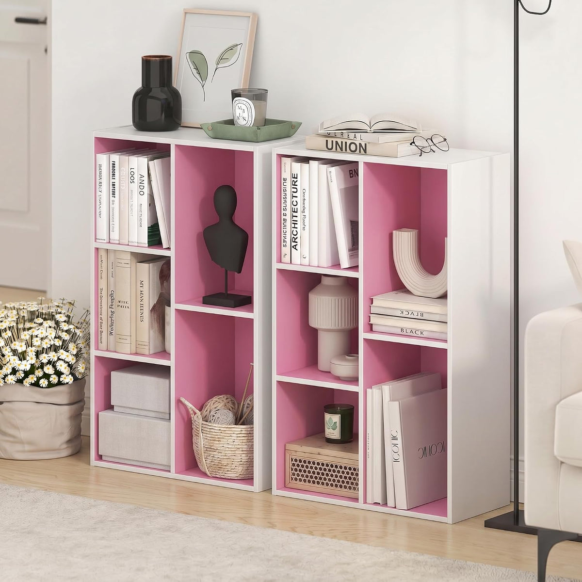 LUDER Set of 2 Book Shelf, 5-Cube, White/Pink