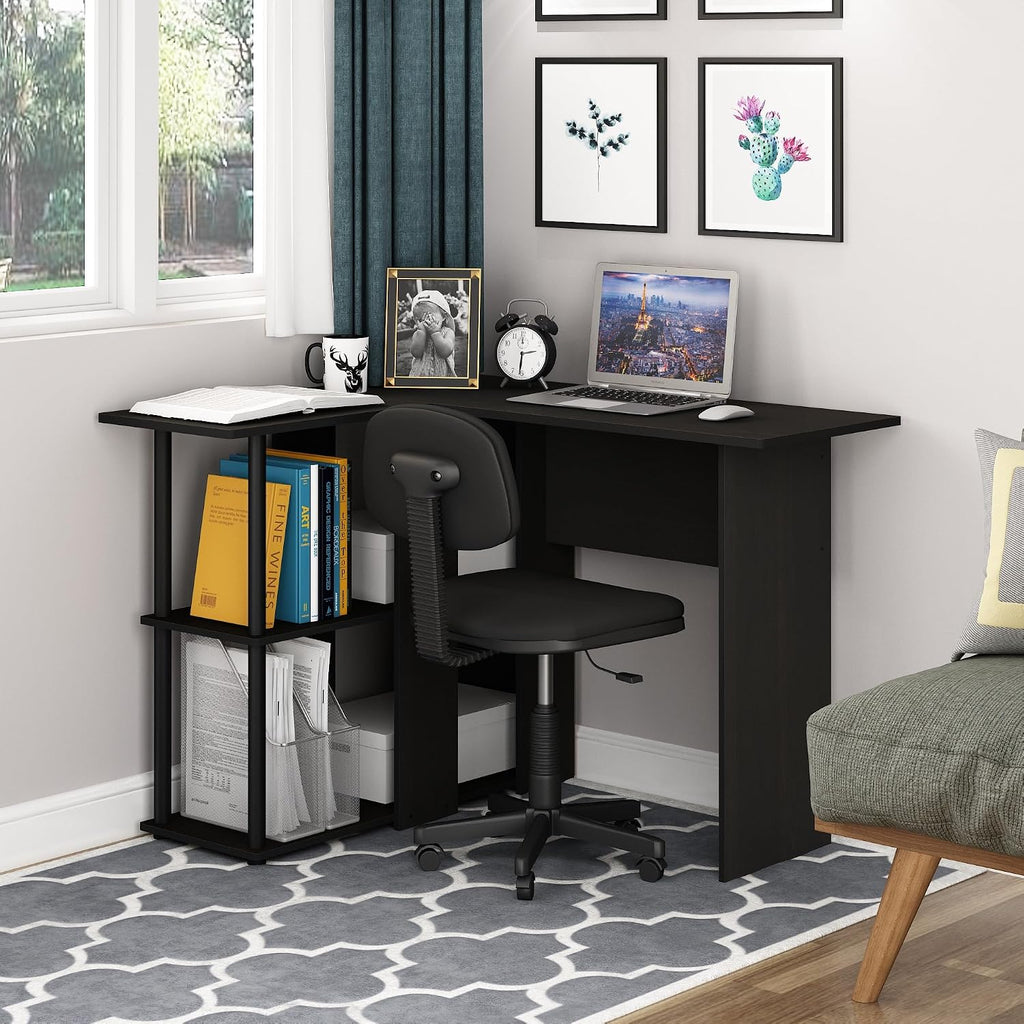 Abbott L-Shape Computer Desk with Bookshelf, Espresso/Black