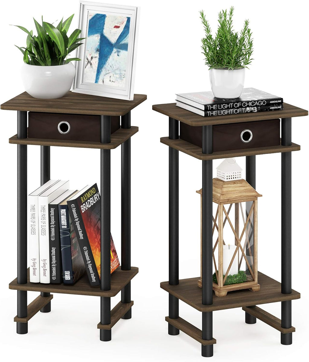 Turn-N-Tube Toolless Set of 2 Side Table, 3-Tier, Brown Walnut