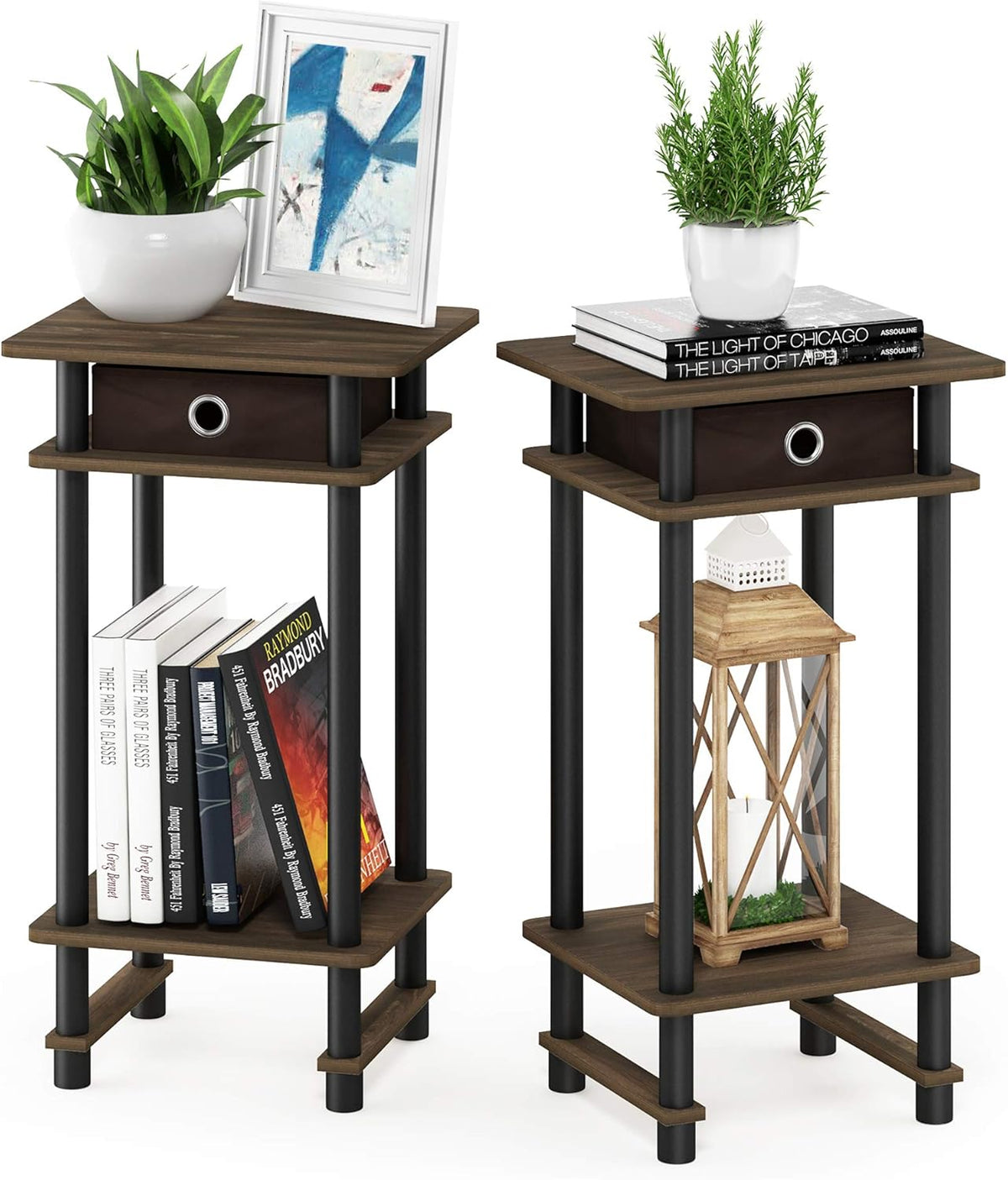 Turn-N-Tube Toolless Set of 2 Side Table, 3-Tier, Brown Walnut