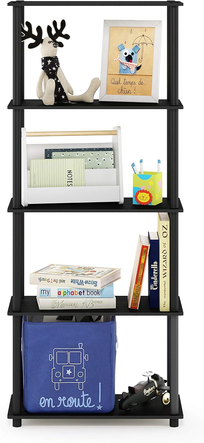 TURN-N-TUBE Storage Shelves, 5-Tier Book Shelf, Corner Shelf, Toolless Open Shelves, for Organization and Storage, Living Room, Garage, Home Office, Americano