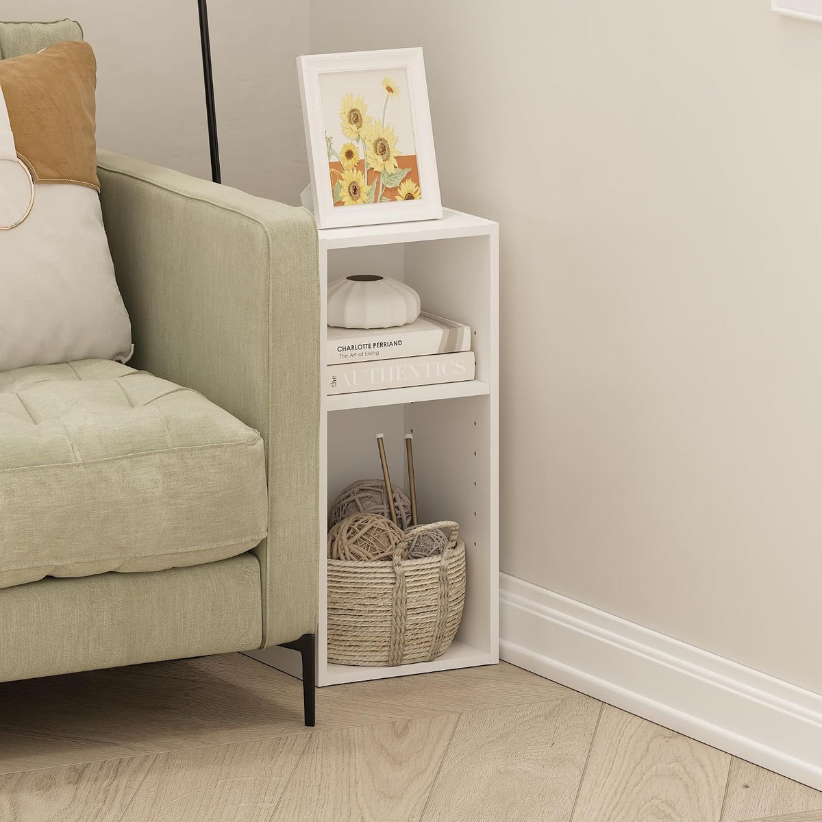 Fulda Book Shelf, 2-Tier Narrow Bookshelf, Bookcase with 10-in Width Storage Shelf, 9.3 x 9.8 x 21.2, for Living Room, Bedroom, Home Office, White