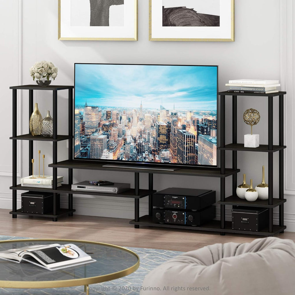 Turn-N-Tube TV Stand, Wide Open Frame Entertainment Center with Storage, TV Console with Tall Side Shelves for TV up to 48 Inch, for Living Room, Bedroom, Espresso