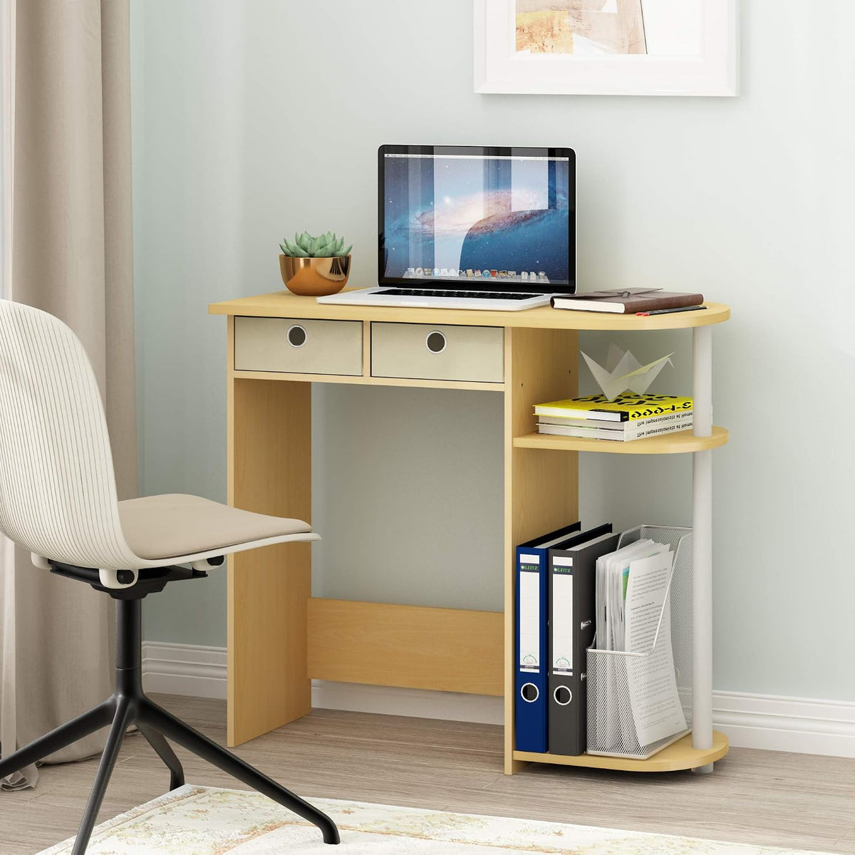 Go Green Desk, 31.5" Wide Gaming Desk with 2 Side Shelves and Storage Bins, Computer Desk, Office Desk for Home Office, Study Room, Dorm, Bedroom, Beech