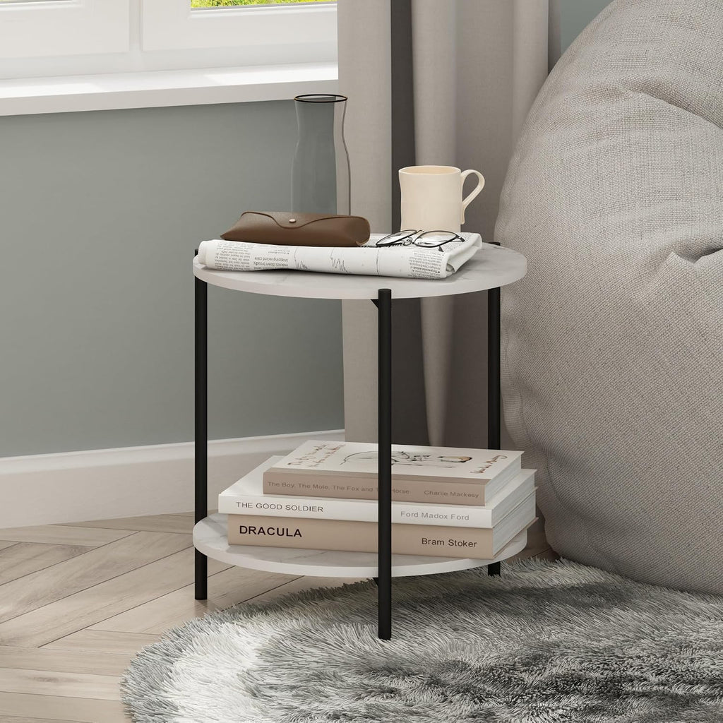 Besi 2-Tier Wide Round Side Table with Metal Legs, Metal Frame, White End Table, Night Stand, Bedside Table with Open Shelf, for Living Room, Bedroom, Light Marble