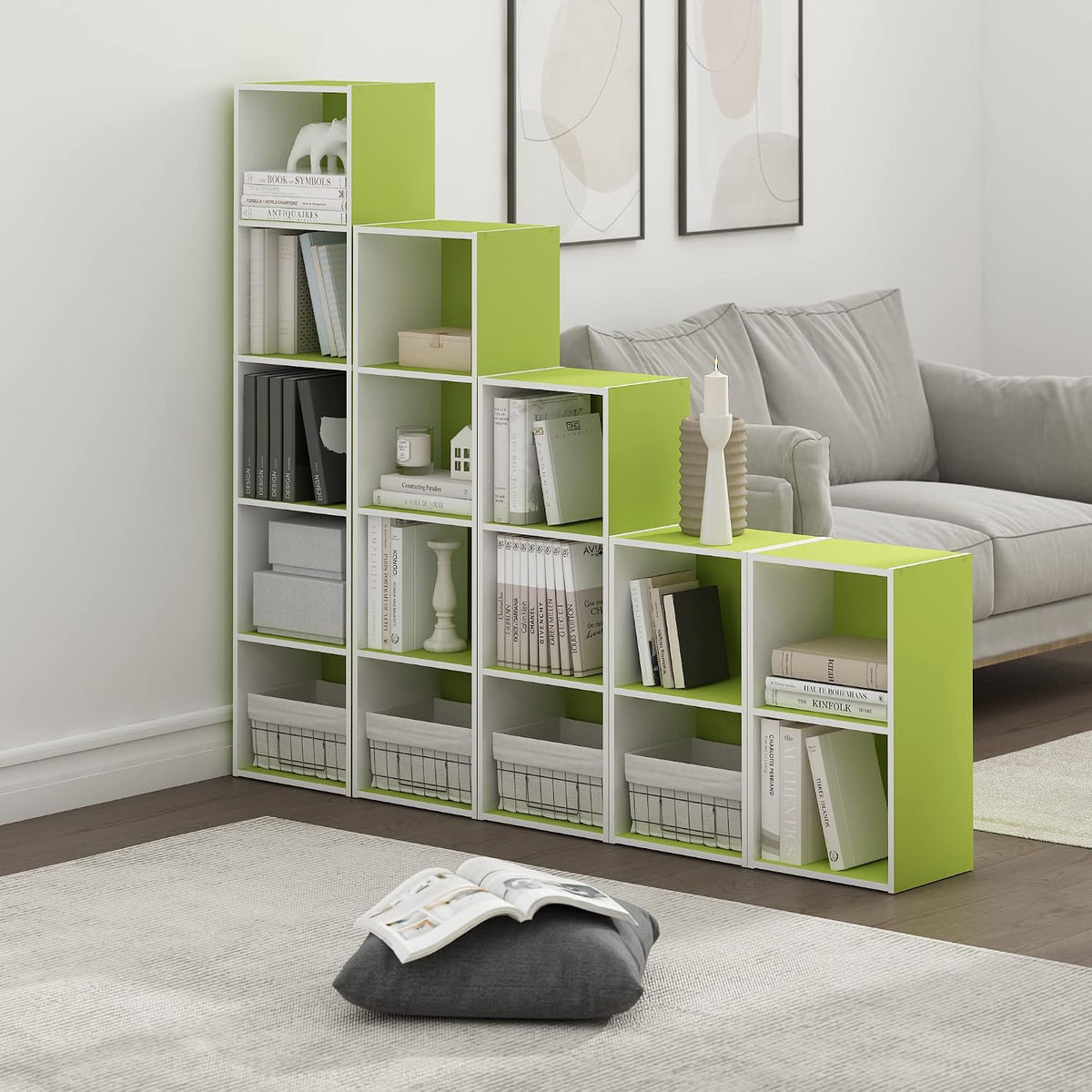 PASIR Book Shelf, 2-Tier Modern Bookshelf, Open Shelves Bookcase 9 x 12 x 21, Easy Assembly, for Living Room, Bedroom, Home Office, Green/White