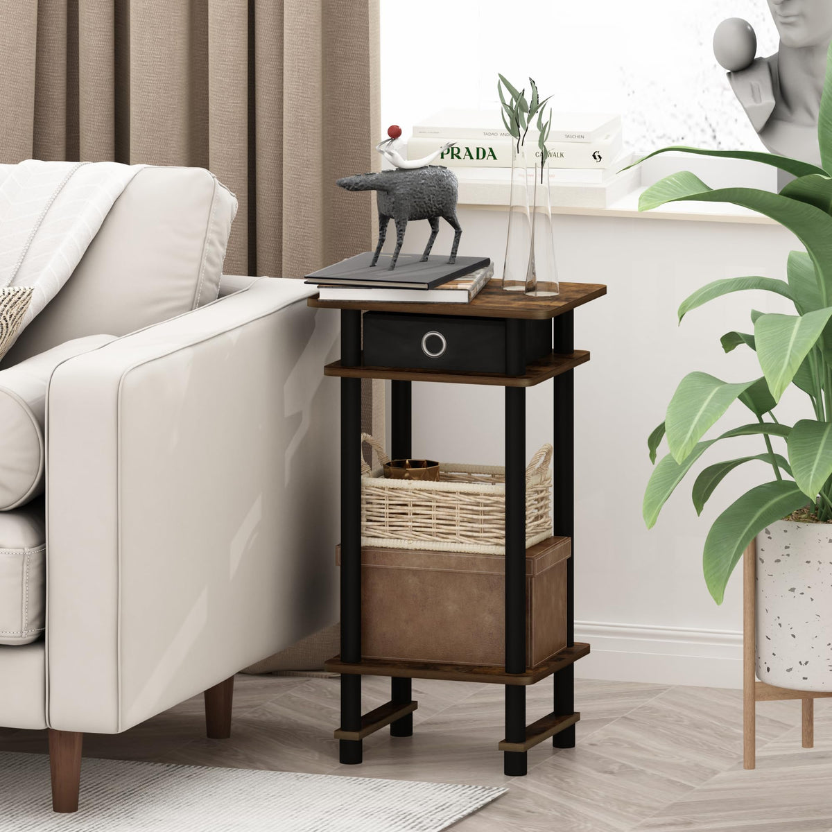 Turn-N-Tube Toolless Set of 2 Side Table, 3-Tier, Brown Walnut