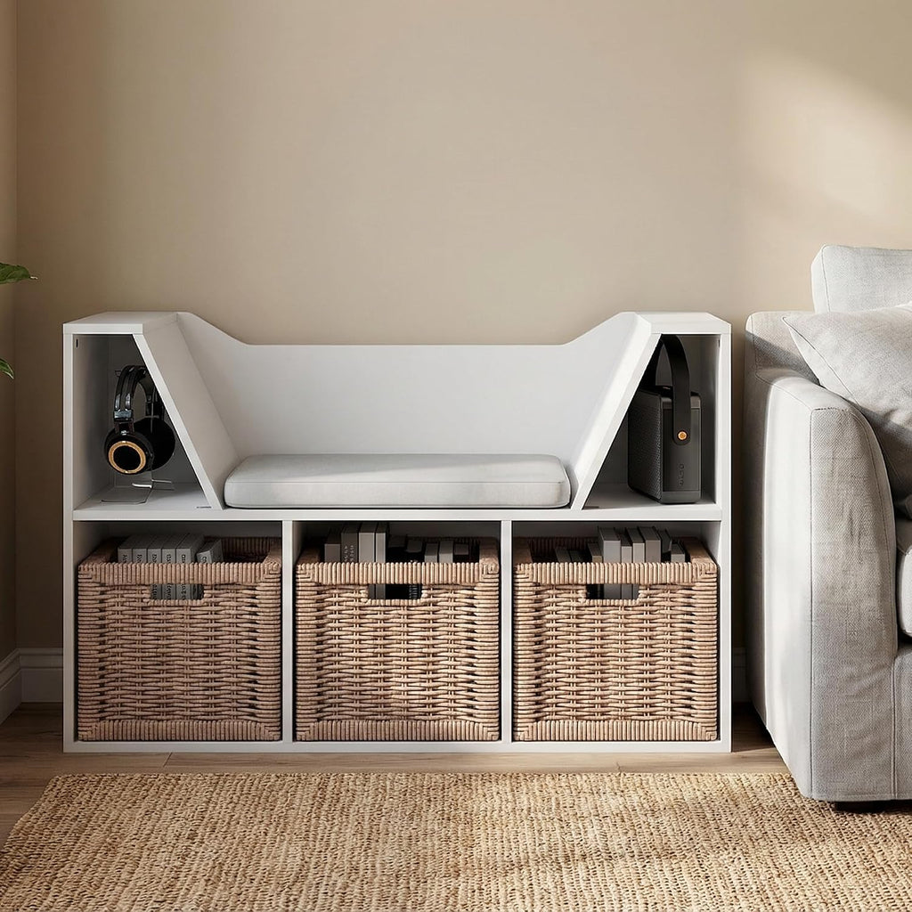 LOVA Book Shelf with Reading Nook, 5-Cube Bookshelf with 22.4" Wide Seat Cushion, Reading Nook, Organizers and Storage with Bench, for Bedroom, Living Room, White