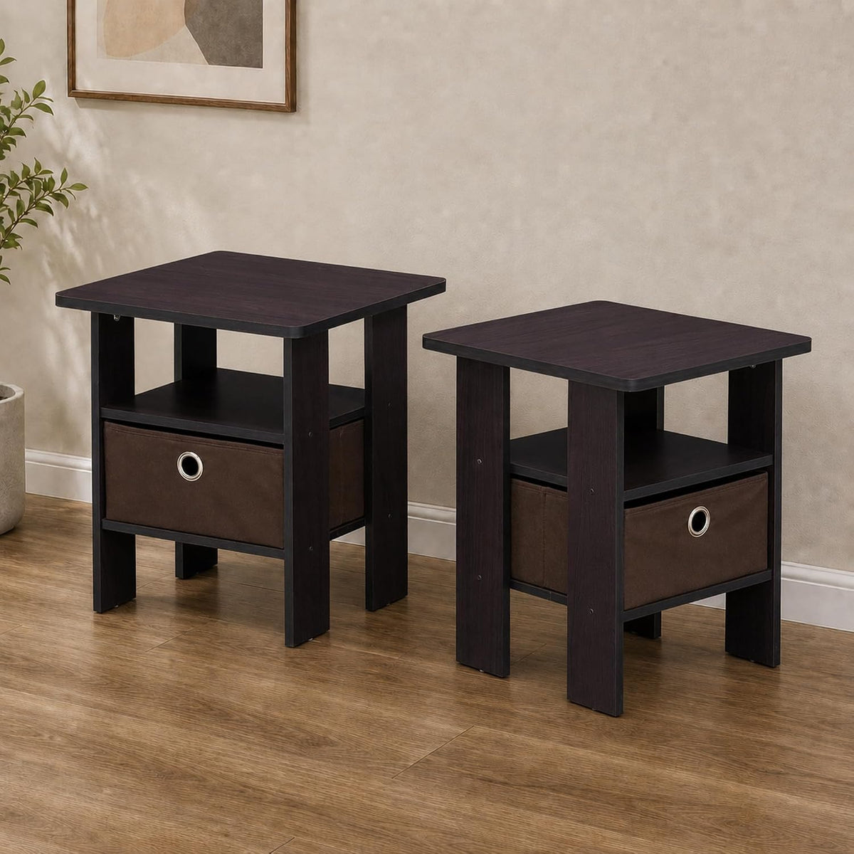 TIDUR Night Stand Set of 2, Nightstand with Storage, Dark Walnut