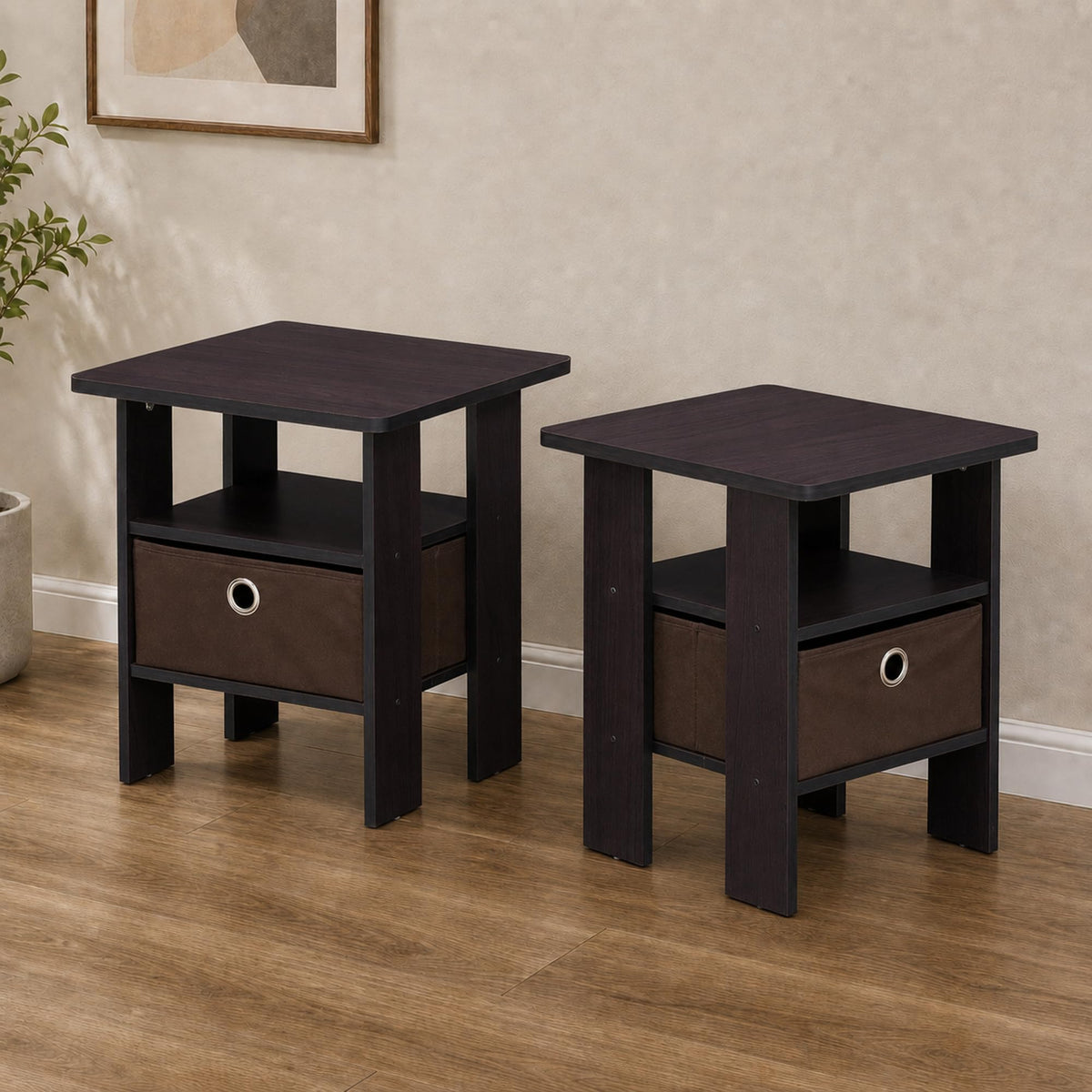 Andrey Set of 2 Side Table with Storage Bin Drawer, Grey Oak