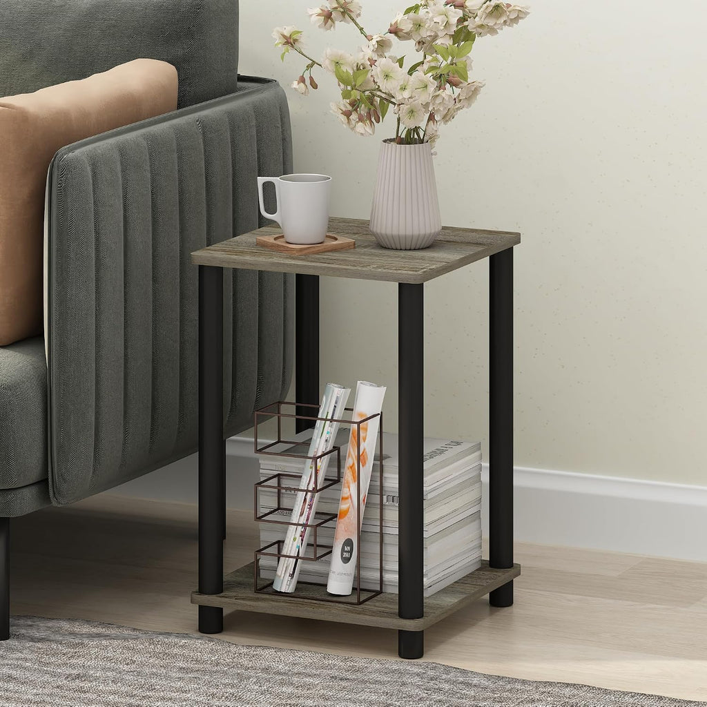 Modern Toolless 2-Tier Side Table, Open Shelf, Grey Oak