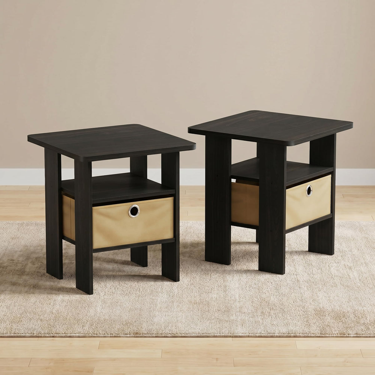 Andrey Set of 2 Side Table with Storage Bin Drawer, Grey Oak