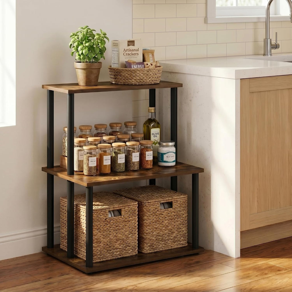 Turn-N-Tube 3-Tier Toolless Kitchen Storage Shelf, Amber Pine/Black