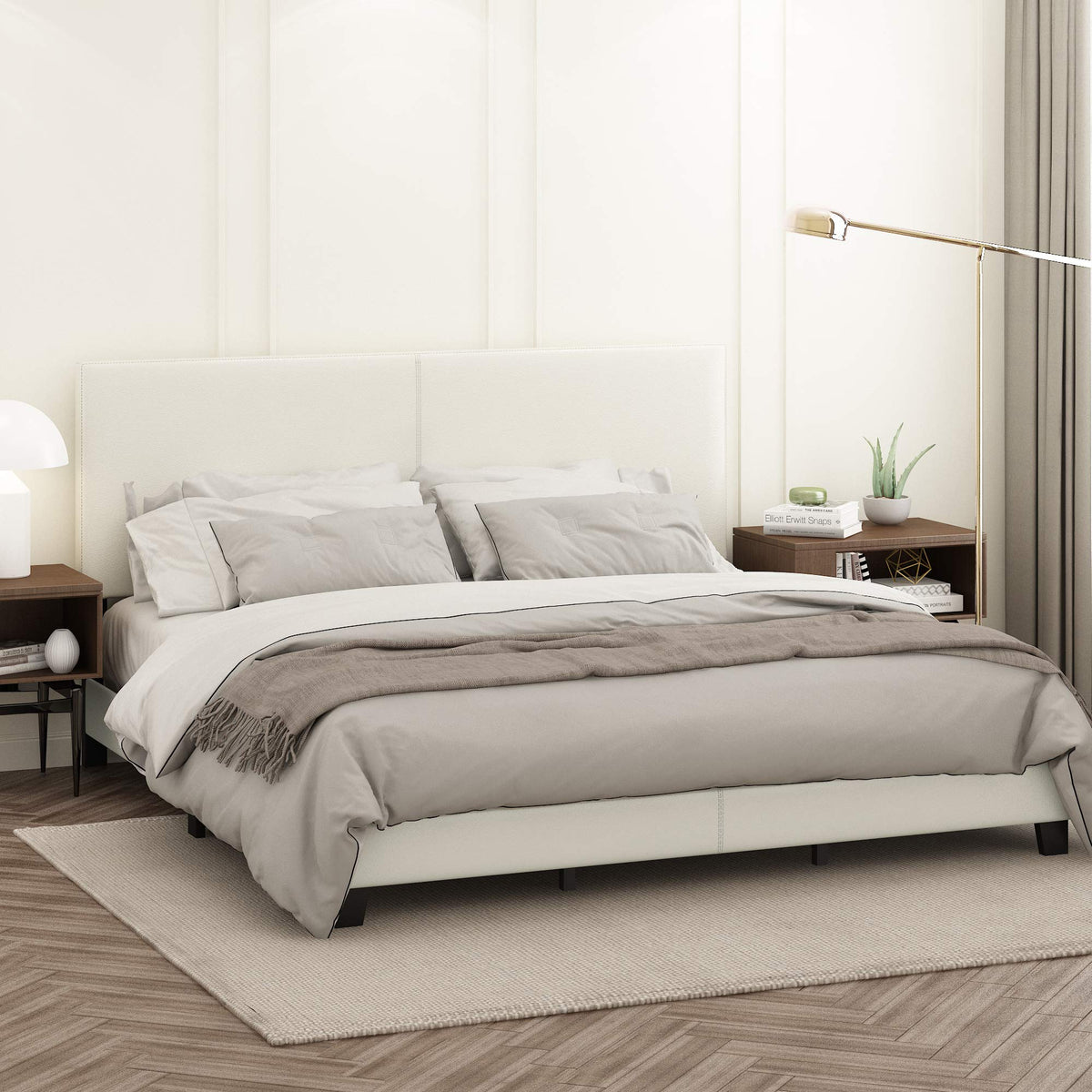 PESSAC PU Leather Upholstery Bed Frame, Cal King Size, White