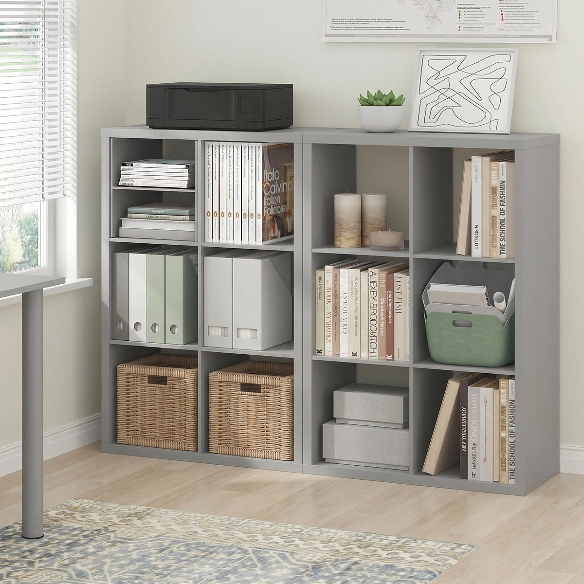 Cubicle Book Shelf Set of 2, 6-Cube Bookshelf, Light Grey