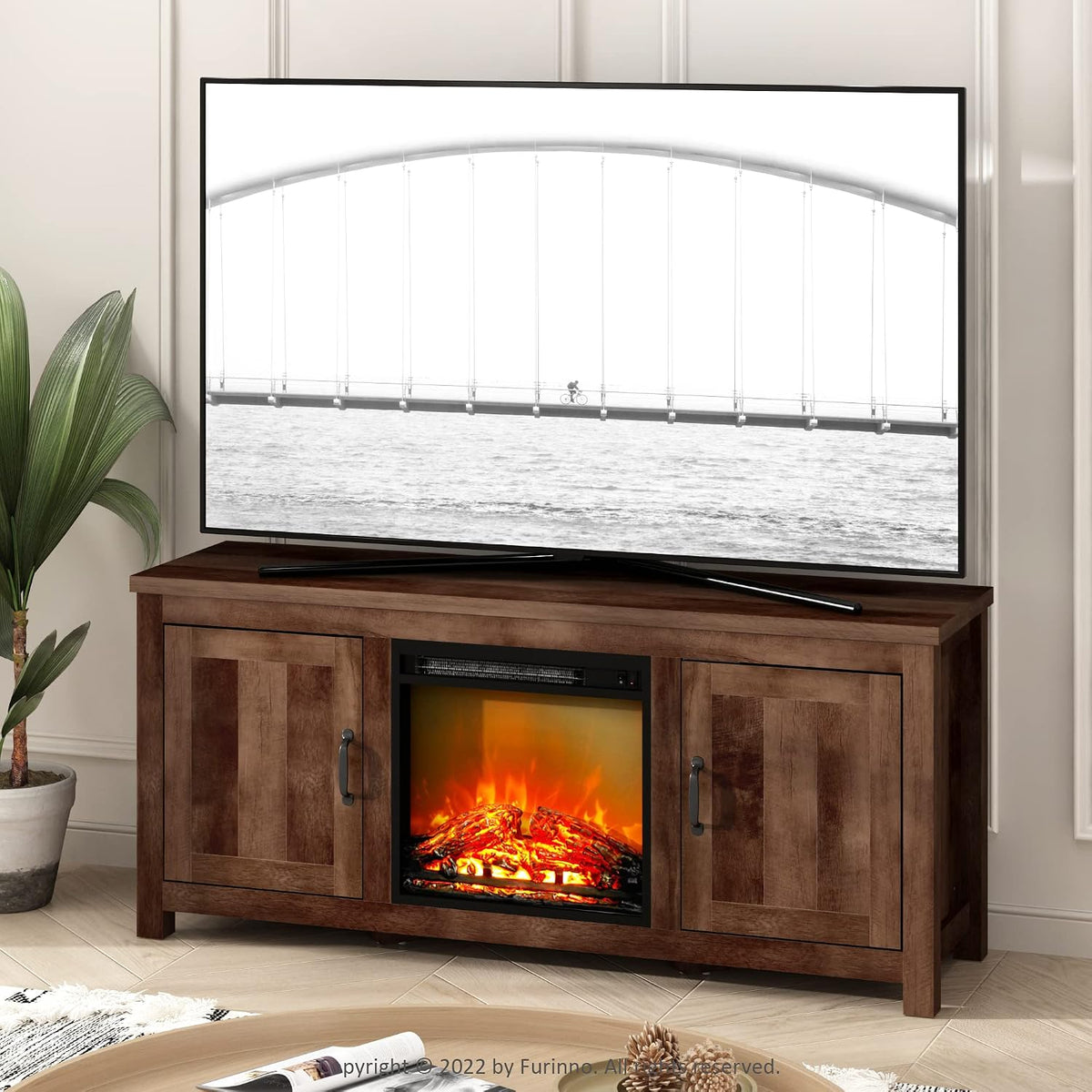 Jensen Farmhouse Barn Door Fireplace Stand with Storage Cabinet for TV up to 60 Inch, Rustic Brown
