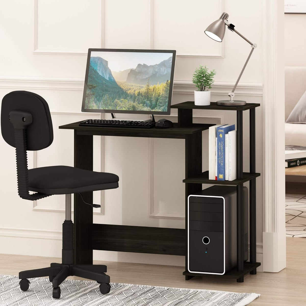 EFFICIENT Desk, 28.6" Wide Gaming Desk with 3 Open Side Shelves, Laptop Notebook Computer Desk, Office Desk for Home Office, Study Room, Dorm, Bedroom, Dark Espresso