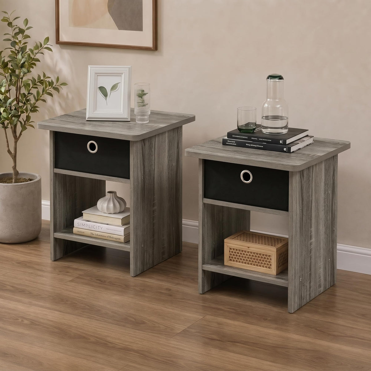 Andrey Set of 2 Side Table with Storage Bin Drawer, Grey Oak