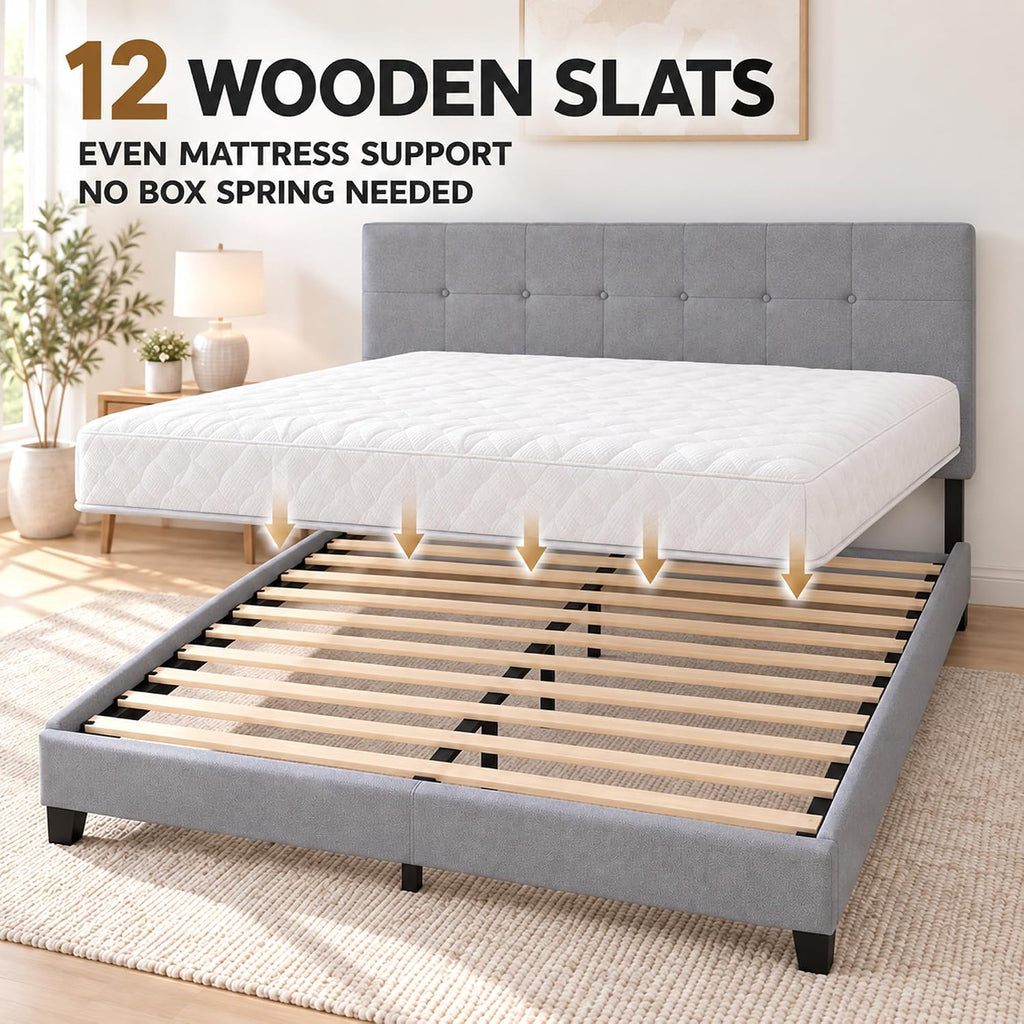 LAVAL Queen Size Bed Frame with Button Tufted Headboard, Light Grey