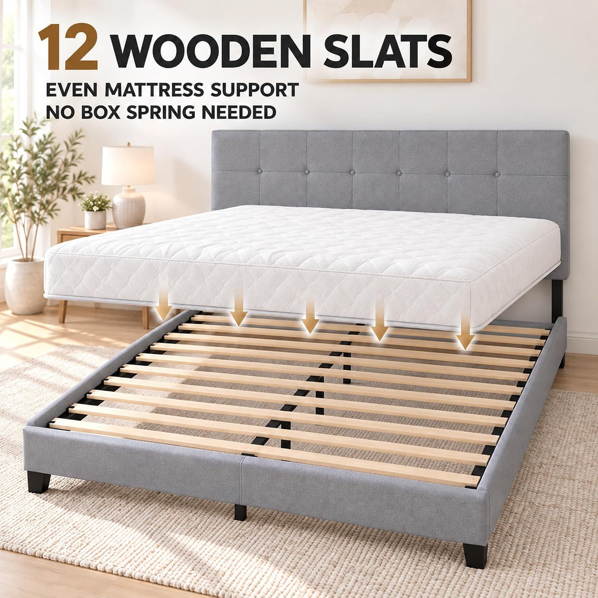 LAVAL Queen Size Bed Frame with Button Tufted Headboard, Light Grey