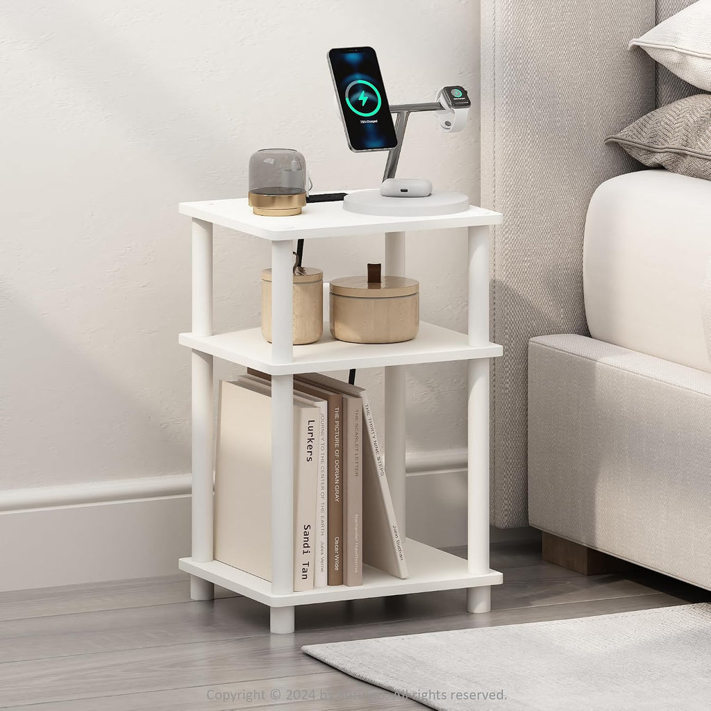 JUST 3-Tier Night Stand with Charging Station, White