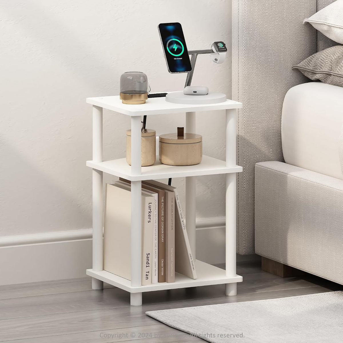JUST 3-Tier Night Stand with Charging Station, White