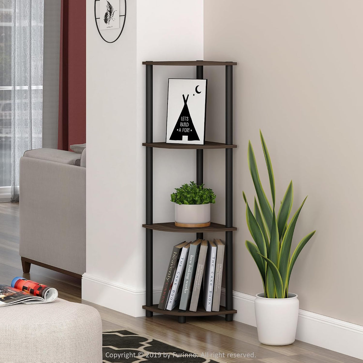TURN-N-TUBE Corner Shelf, 4-Tier Corner Bookshelf, Display Storage Shelves with Open Shelves, for Organization and Storage, Living Room, Home Office, Garage, Columbia Walnut