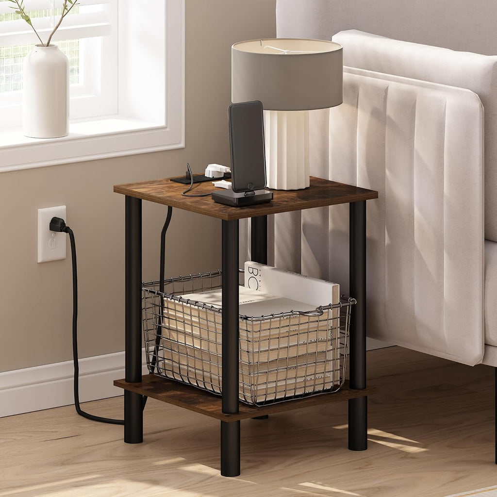 Turn-N-Tube 2-Tier Square Side Table with Charging Station, End Table, Night Stand, Bedside Table with USB and Type-C Charging Port, for Living Room, Bedroom, Amber Oak
