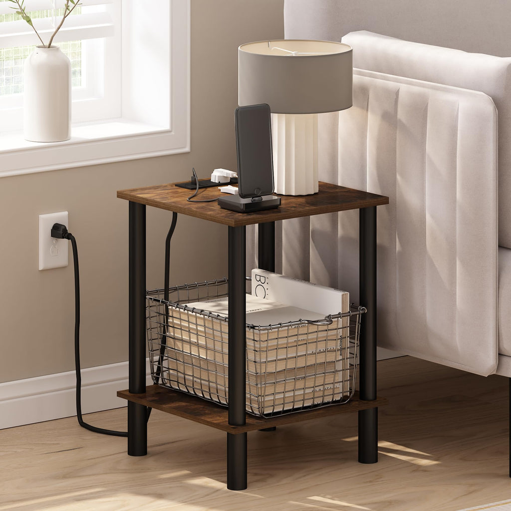 Turn-N-Tube 2-Tier Square Side Table with Charging Station, End Table, Night Stand, Bedside Table with USB and Type-C Charging Port, for Living Room, Bedroom, Amber Oak