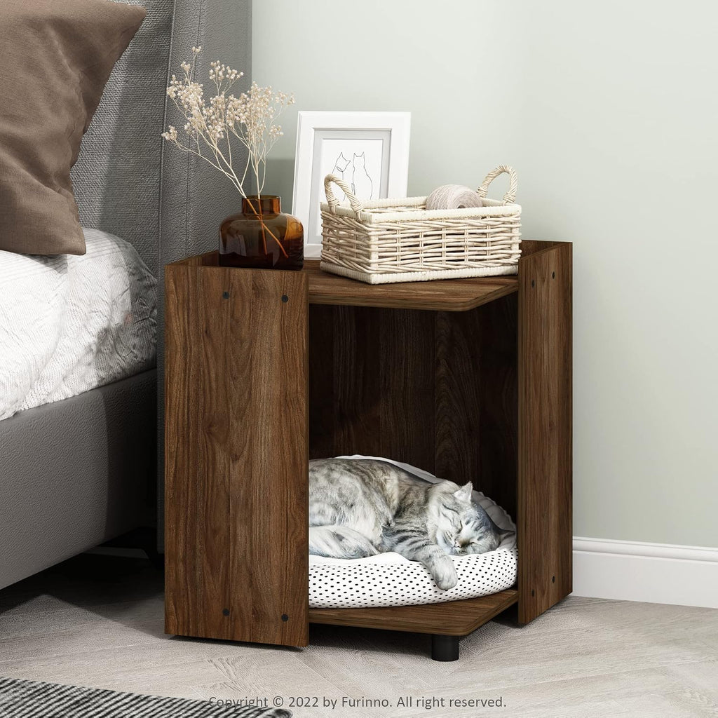 PELI Cat Litter Box Enclosure, 17" Square Hidden Litter Box Furniture with Open Storage, Wooden Pet House, Easy Assembly, for Living Room, Columbia Walnut