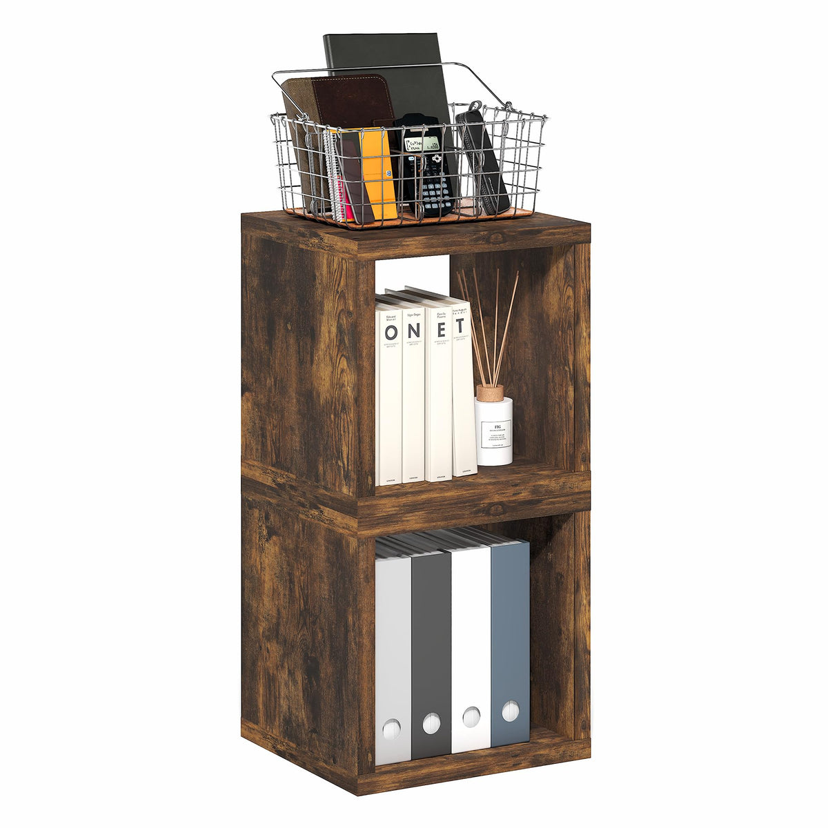 Cubicle Book Shelf, Set of 2 Stackable Bookshelf, Cube Storage Organizer Bookcase with Open Back, Extra Thick, 15.8 x 15.8 x 14.6, for Living Room, Bedroom, Home Office, Amber Pine