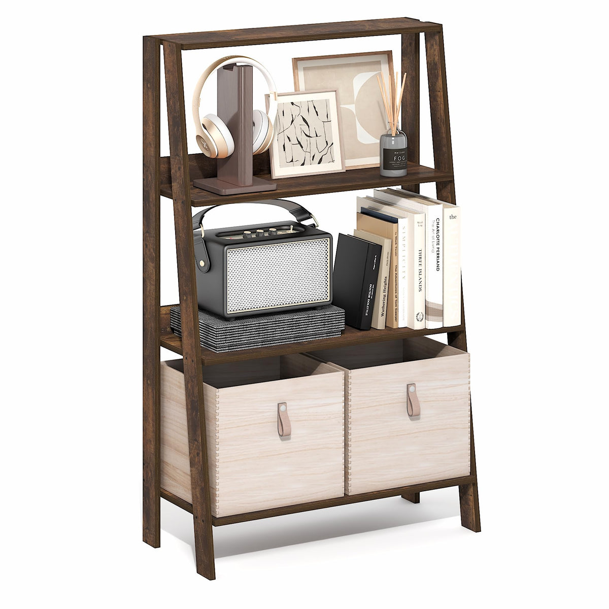 Ladder Bookcase Display Shelf, 5-Tier, French Oak
