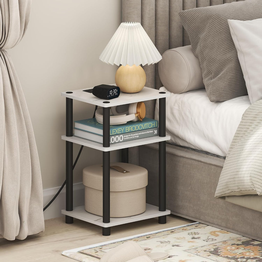 JUST 3-Tier Night Stand with Charging Station, Marble White