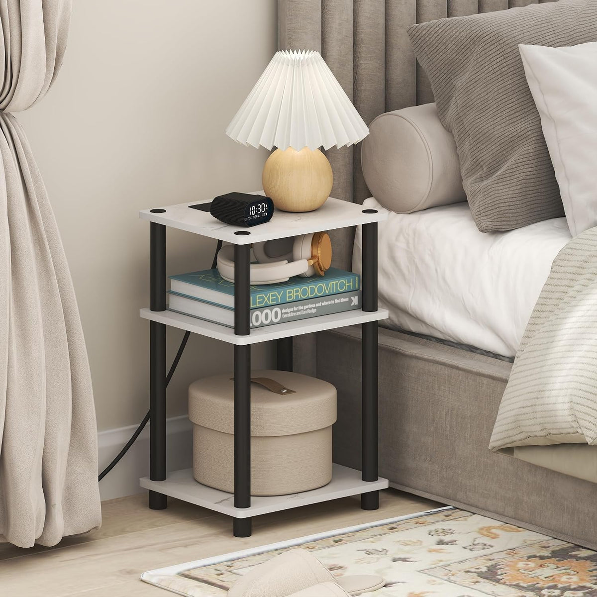 JUST 3-Tier Night Stand with Charging Station, Marble White