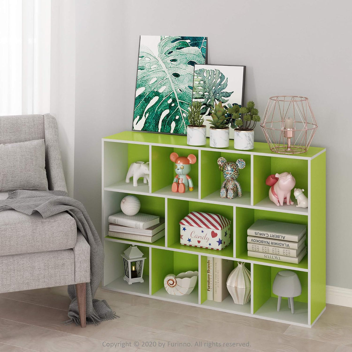 LUDER Book Shelf, 11-Cube Bookshelf, Reversible Bookcase, 9.4 x 29.1 x 41.7, Easy Assembly, for Living Room, Bedroom, Home Office, White/Green