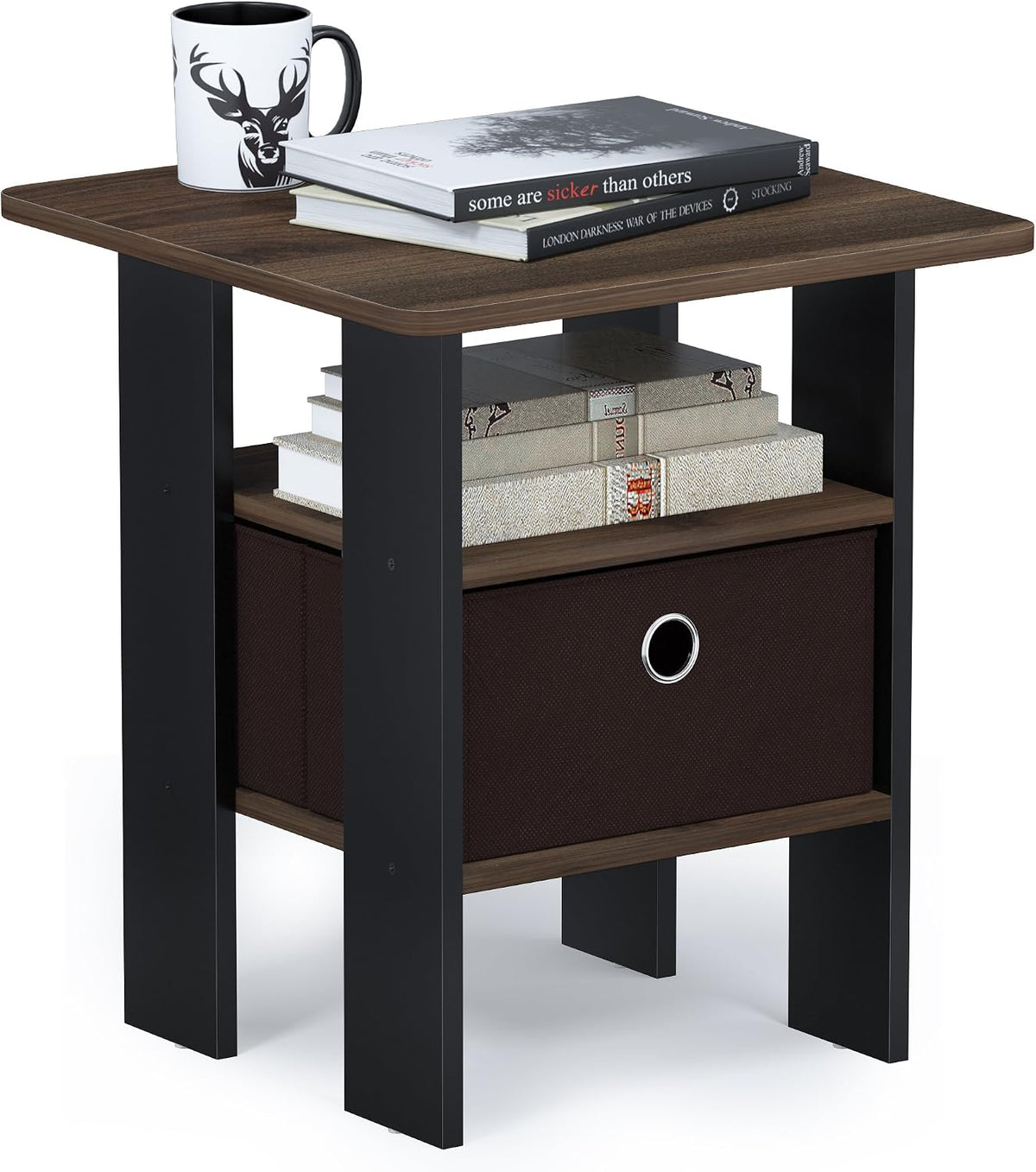 Andrey Set of 2 End Table / Side Table / Night Stand / Bedside Table with Bin Drawer, Columbia Walnut/Dark Brown