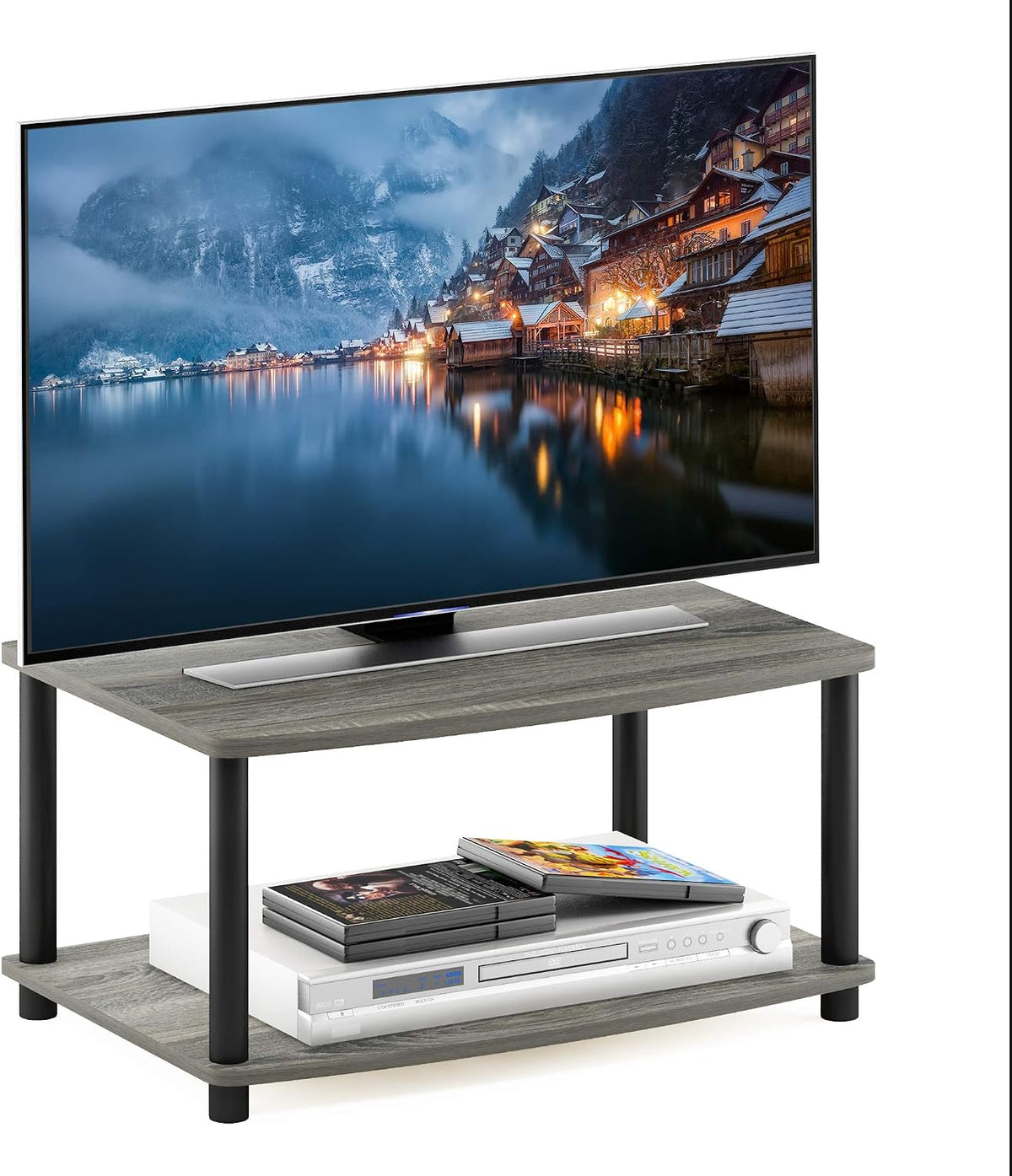 Turn-N-Tube TV Riser Stand, 2-Tier Small Elevated No Tools TV Stand, TV Console for TV up to 32 inch, 15.8 x 23.8 x 11, for Living Room, Bedroom, French Oak/Black