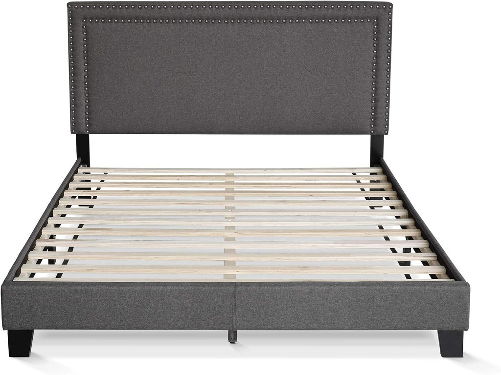 Laval Double Row Nail Head Upholstered Platform Bed Frame, Queen, Stone