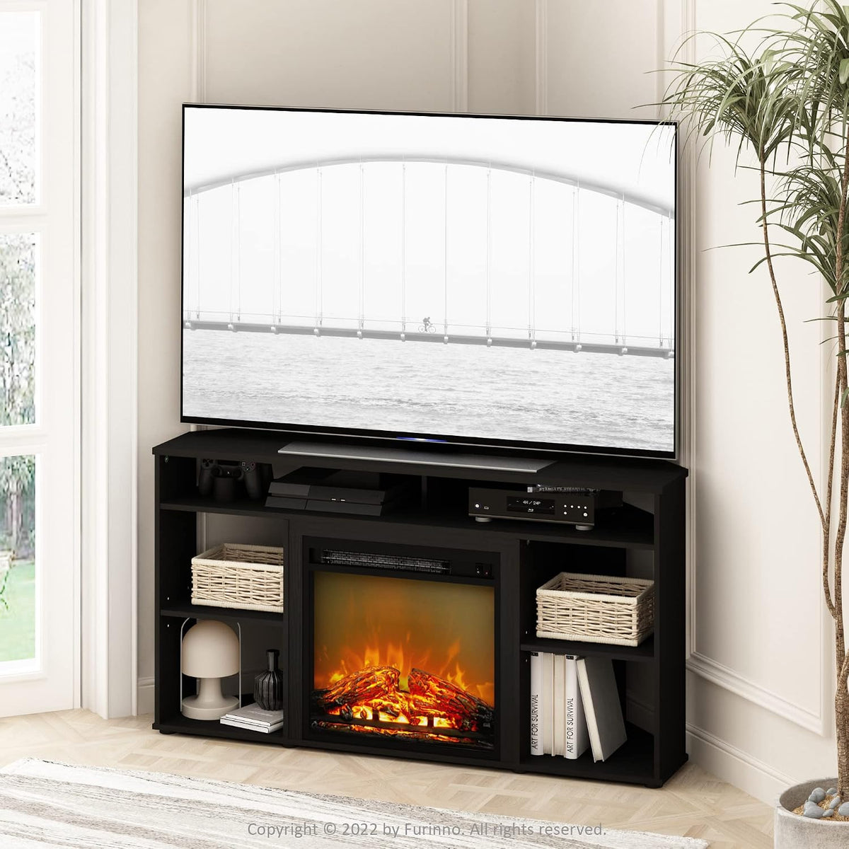 Jensen Corner TV Stand with Fireplace for TV up to 55 Inches, Americano