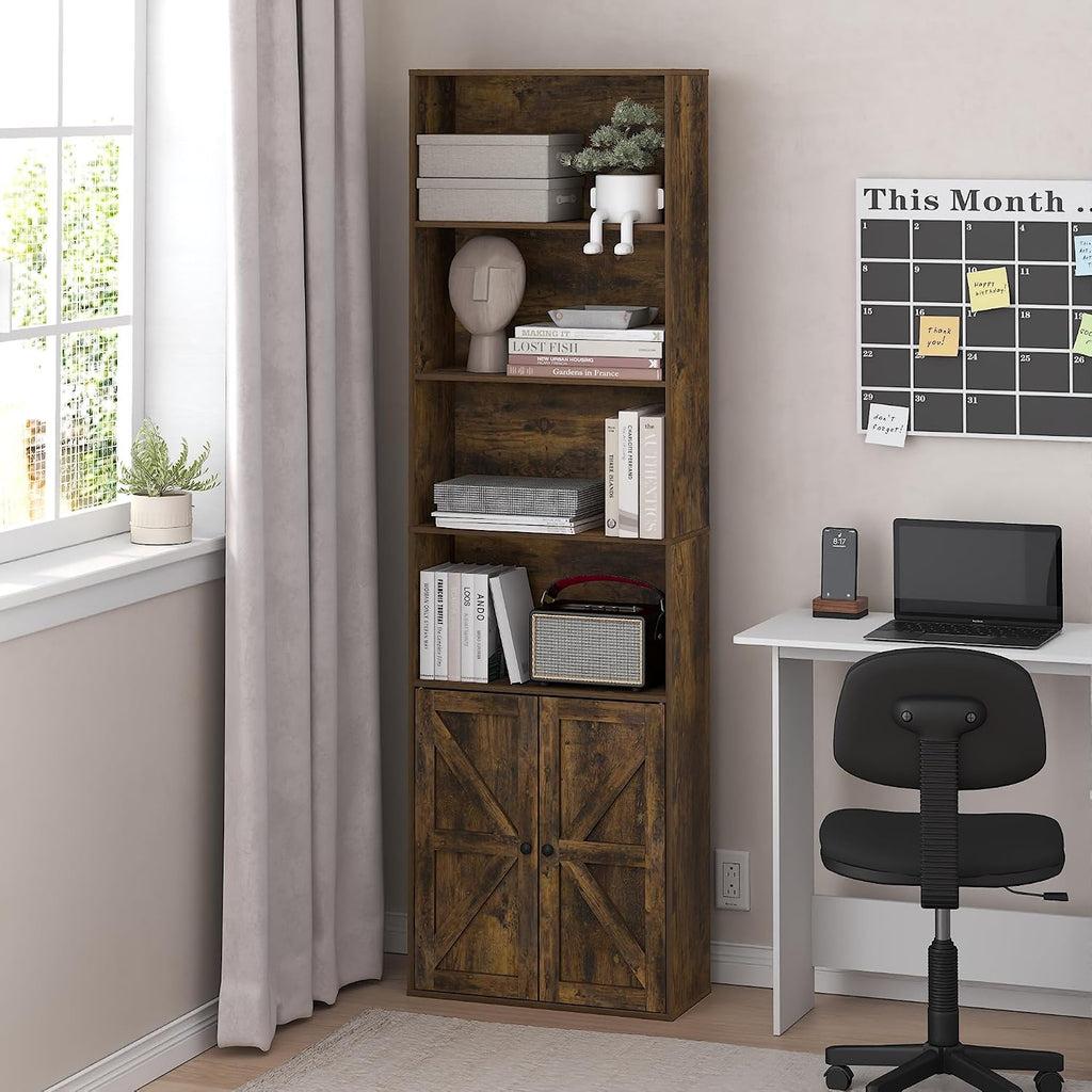 Jensen Farmhouse Style 6-Tier Book Shelf with Doors, Amber Pine