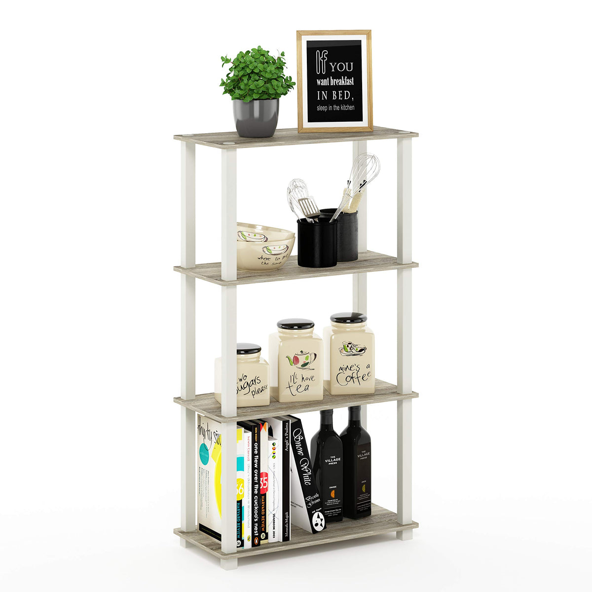 99152BE/WH/IV 3-Tier Go Green Multipurpose Storage Rack Shelving Unit Bookshelf Cabinet with 2 Bins, Beech Finish