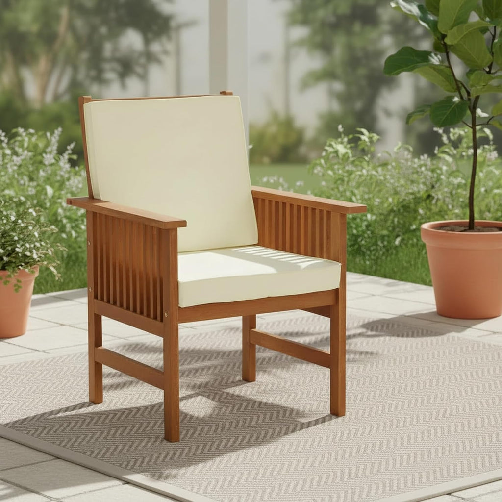 TIOMAN Patio Chair, Mediterranean Outdoor Lawn Chair, Armchair with Cushion, for Patio, Garden, Porch, Light Wood