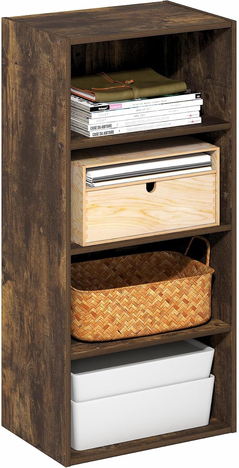 Basic Book Shelf, 4-Tier Bookcase with Open Shelf, Bookshelf, Cube Storage Organizer, 11 x 17 x 35, for Living Room, Bedroom, Home Office, Amber Pine