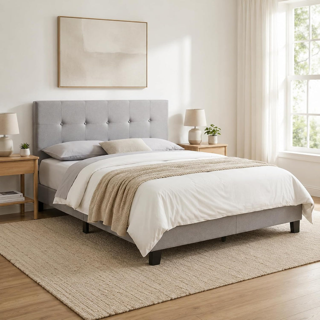 Laval Button Tufted Upholstered Platform Bed Frame, Queen, Glacier