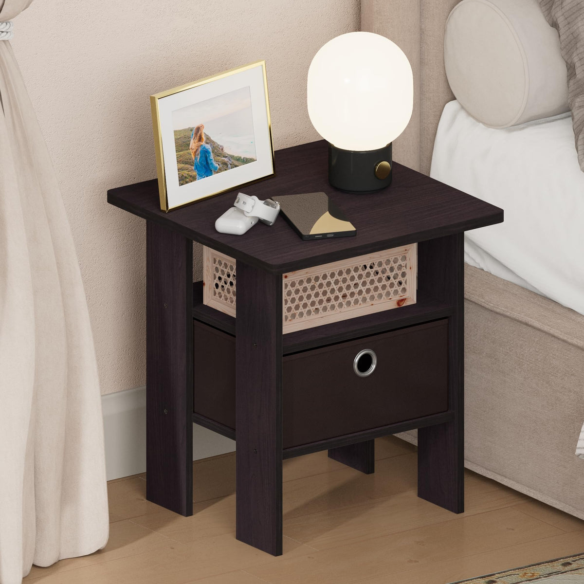 ANDREY Set of 2 Square 2-Tier Side Table, End Table, French Oak