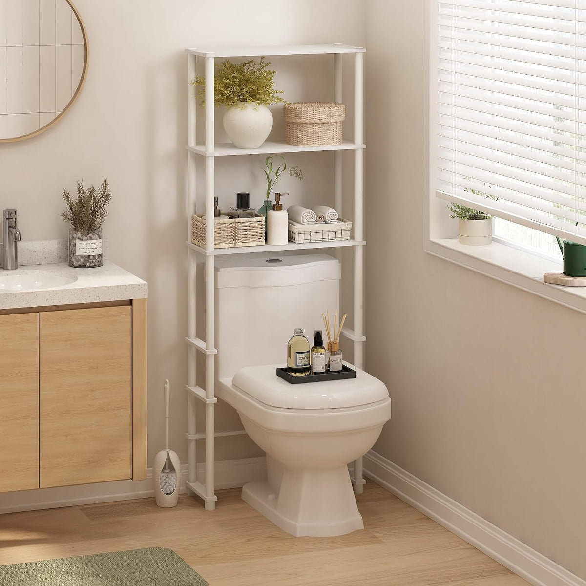 Turn-N-Tube Over The Toilet Storage, 5-Shelf Over The Toilet Organizer, Freestanding Space Saver Bathroom Shelf, for Bathroom Organizers and Storage, White