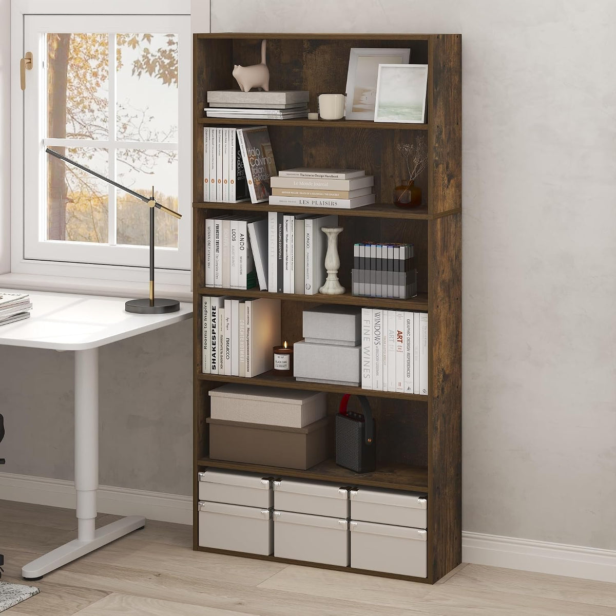 PASIR Book Shelf, 6-Tier Bookshelf with Open Storage Shelf, Standing Bookcase, 9.4 x 31.5 x 63, Easy Assembly, for Home Office, Bedroom, Living Room, Amber Pine
