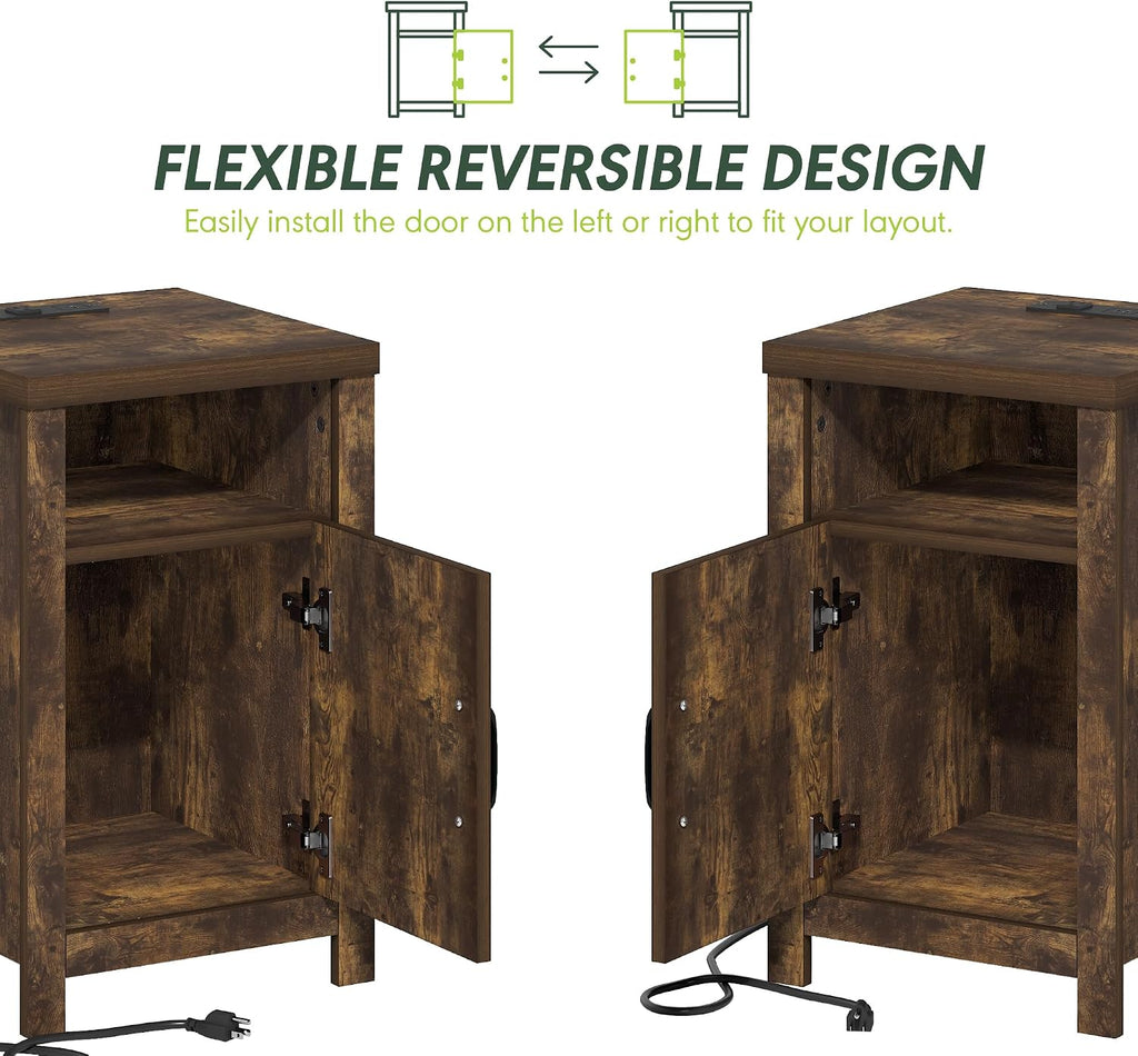 Farmhouse Night Stand with Charging Station, Bedside Table, Side Table, End Table with Door, USB Ports and Outlets, for Bedroom, Closet, Dorm, Amber Oak